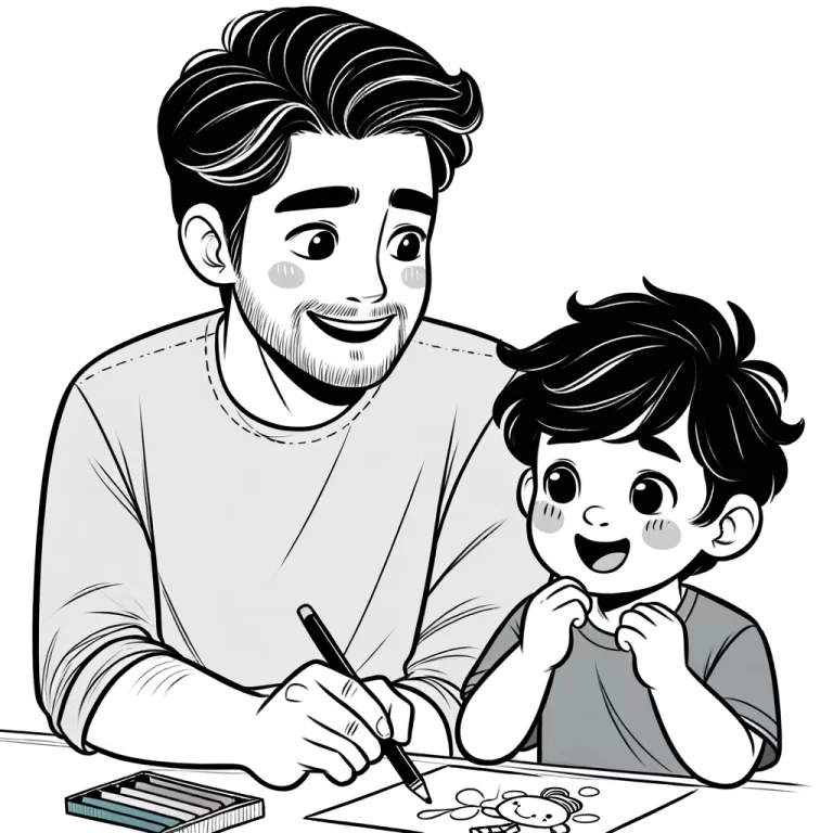 Coloring page style picture of the website creator and his preschool age son coloring