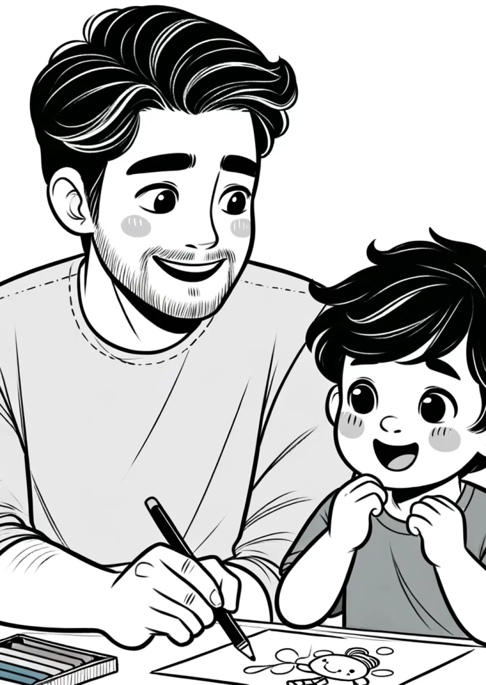 Coloring page style picture of the website creator and his preschool age son coloring